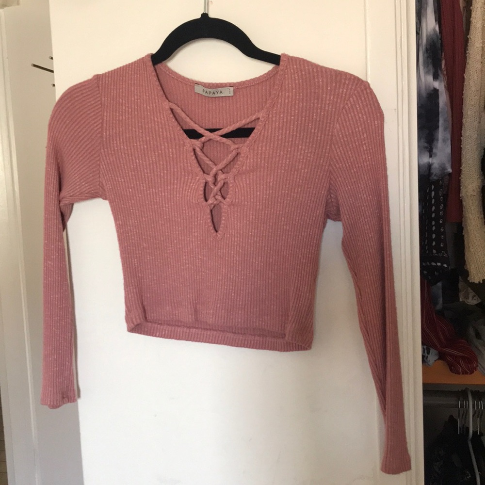 Pink Criss cross crop top (3/4 arm sleeve length)